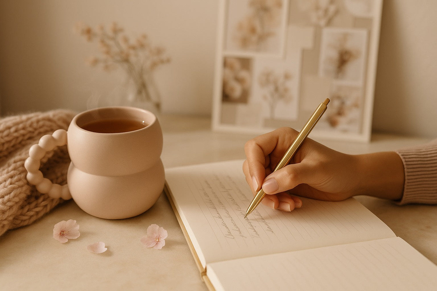 Main féminine écrivant dans un carnet beige avec un stylo doré, à côté d’une tasse rose en céramique et de fleurs délicates, ambiance douce et féminine Hazellia.