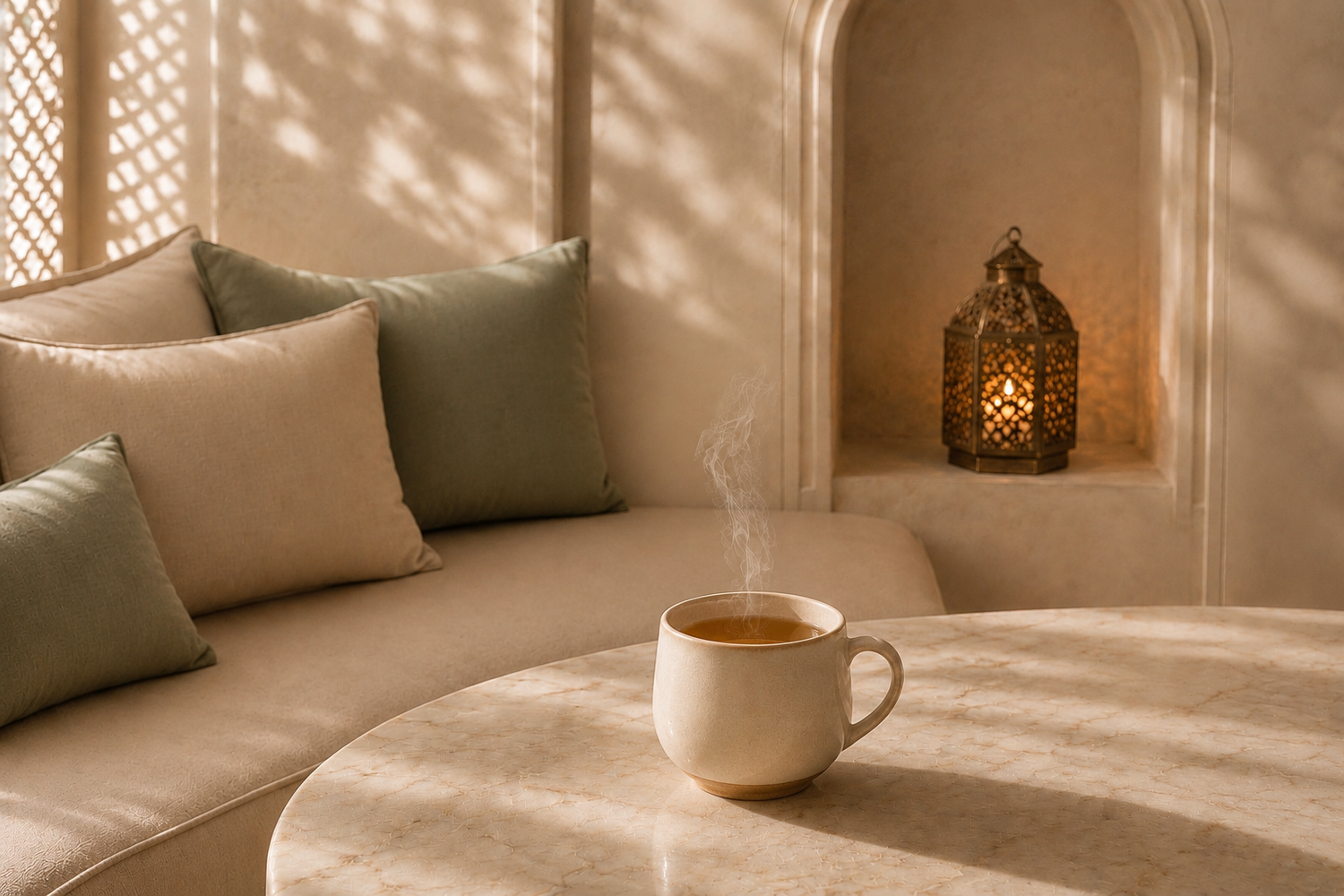 Rituel fraîcheur Hazellia avec infusion Mint Atlas, thé à la menthe naturel servi dans un mug en céramique beige ivoire, ambiance marocaine moderne aux tons vert sauge et champagne.