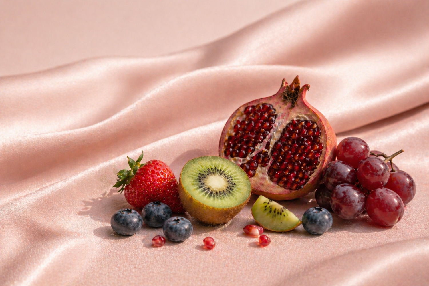 fruits anti âge pour la peau sur fond satin rose poudré, fraise kiwi grenade raisin rouge, alimentation beauté naturelle Hazellia