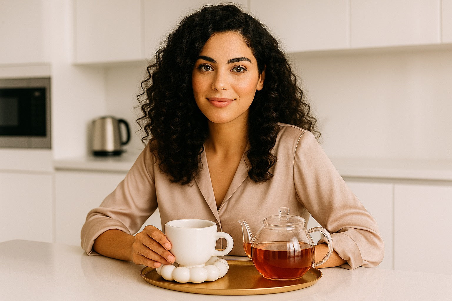 Femme savourant une infusion d’hibiscus pour soutenir l’équilibre féminin et le bien-être hormonal.
