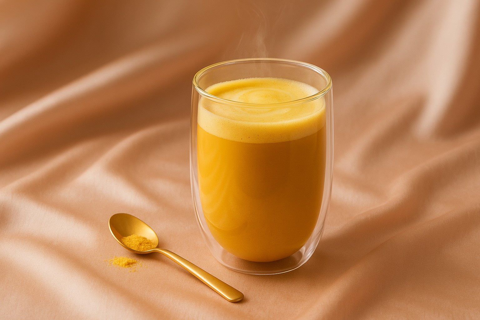 Boisson golden latte chaude et mousseuse dans une tasse en verre double paroi, accompagnée d’une cuillère dorée avec poudre, posée sur un textile beige satiné. Style doux, premium et minimaliste.