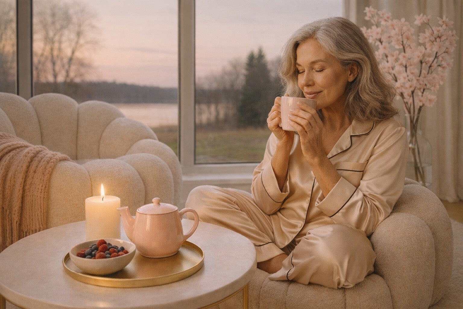 Femme d’âge mûr assise dans un fauteuil beige, réalisant un rituel du soir apaisant avec une infusion, ambiance douce et cocooning, lumière chaude, bien-être et sérénité en saison dorée.