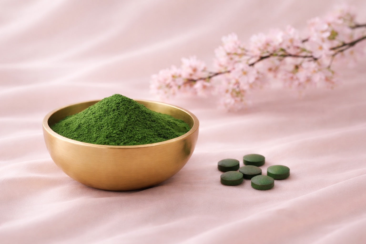 Spiruline verte en poudre dans un bol doré sur fond satin rose poudré, fleurs de cerisier en arrière-plan – scène bien-être, beauté naturelle et vitalité féminine