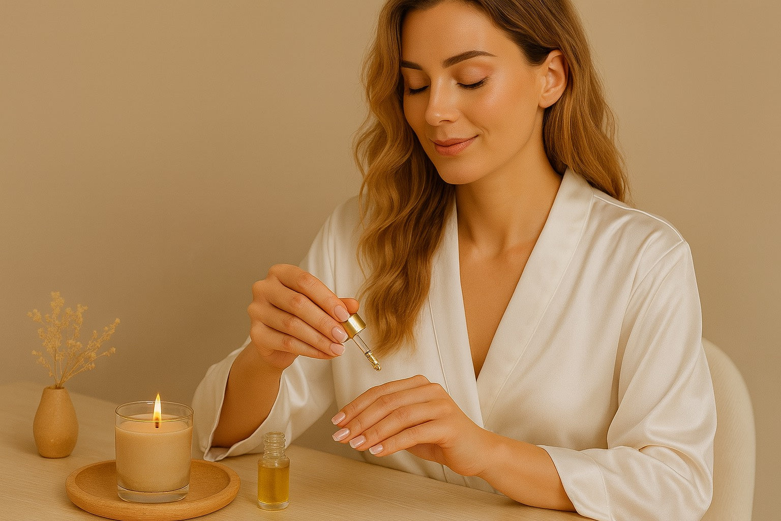 Femme appliquant une huile de soin sur les mains dans une ambiance douce et chaleureuse, rituel beauté naturel pour des mains soignées et hydratées.