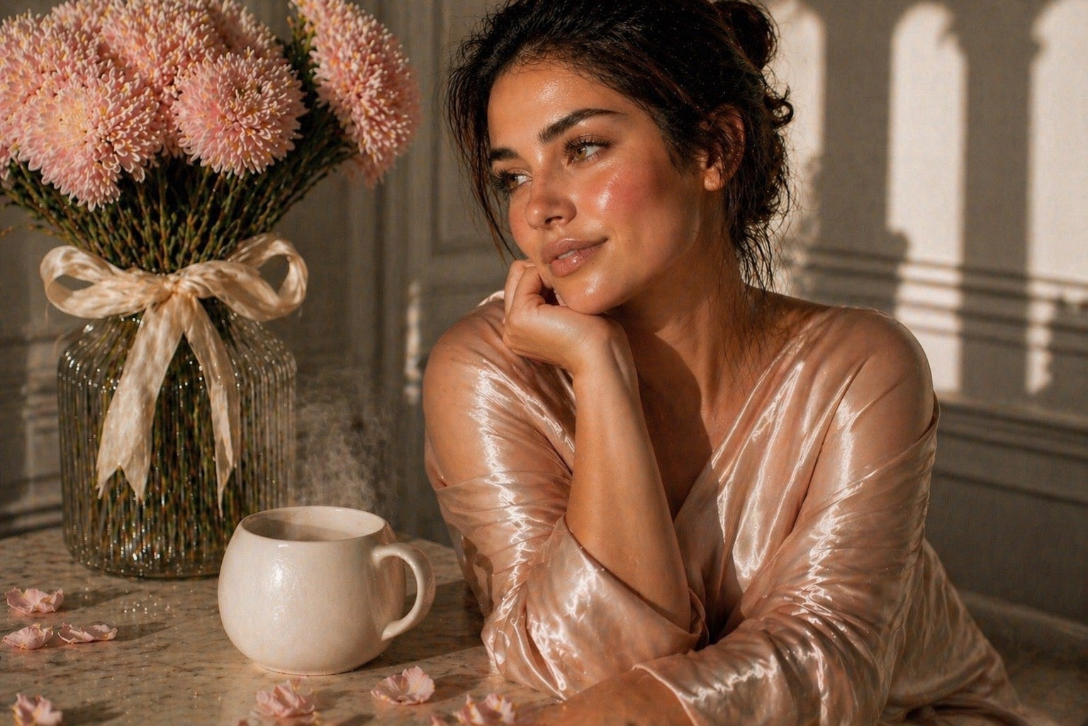 femme peau lumineuse naturelle rituel beauté avec infusion chaude tasse blanche vapeur fleurs rose poudre ambiance douce luxe soin visage glow naturel