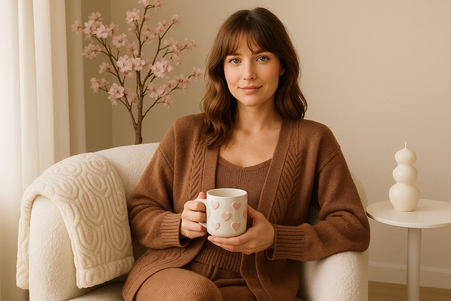 Femme assise dans un fauteuil avec un plaid4 jacquard crème tenant un mug rose, ambiance cocooning premium