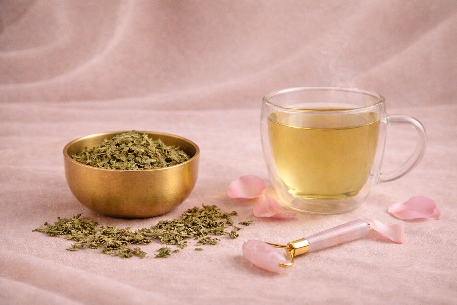 Infusion d’ortie piquante associée à un roller visage en quartz rose, rituel beauté naturel pour l’éclat de la peau, dans un univers féminin et apaisant.