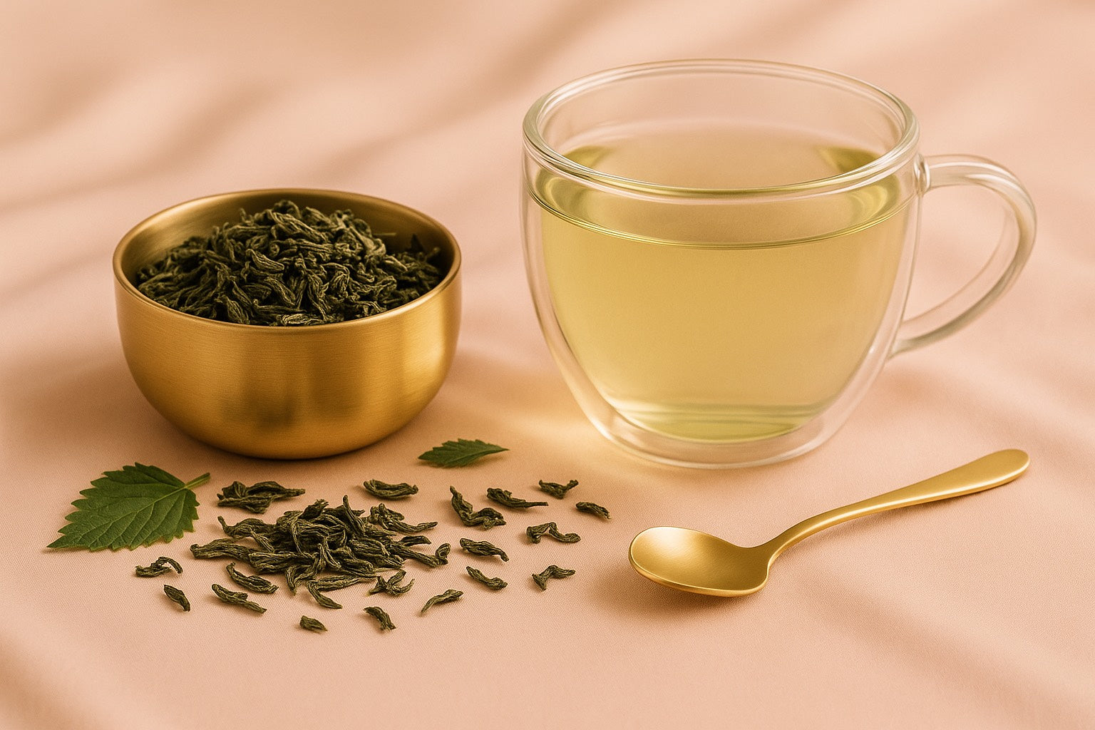 Thé vert antioxydant dans une tasse transparente avec feuilles et cuillère dorée.