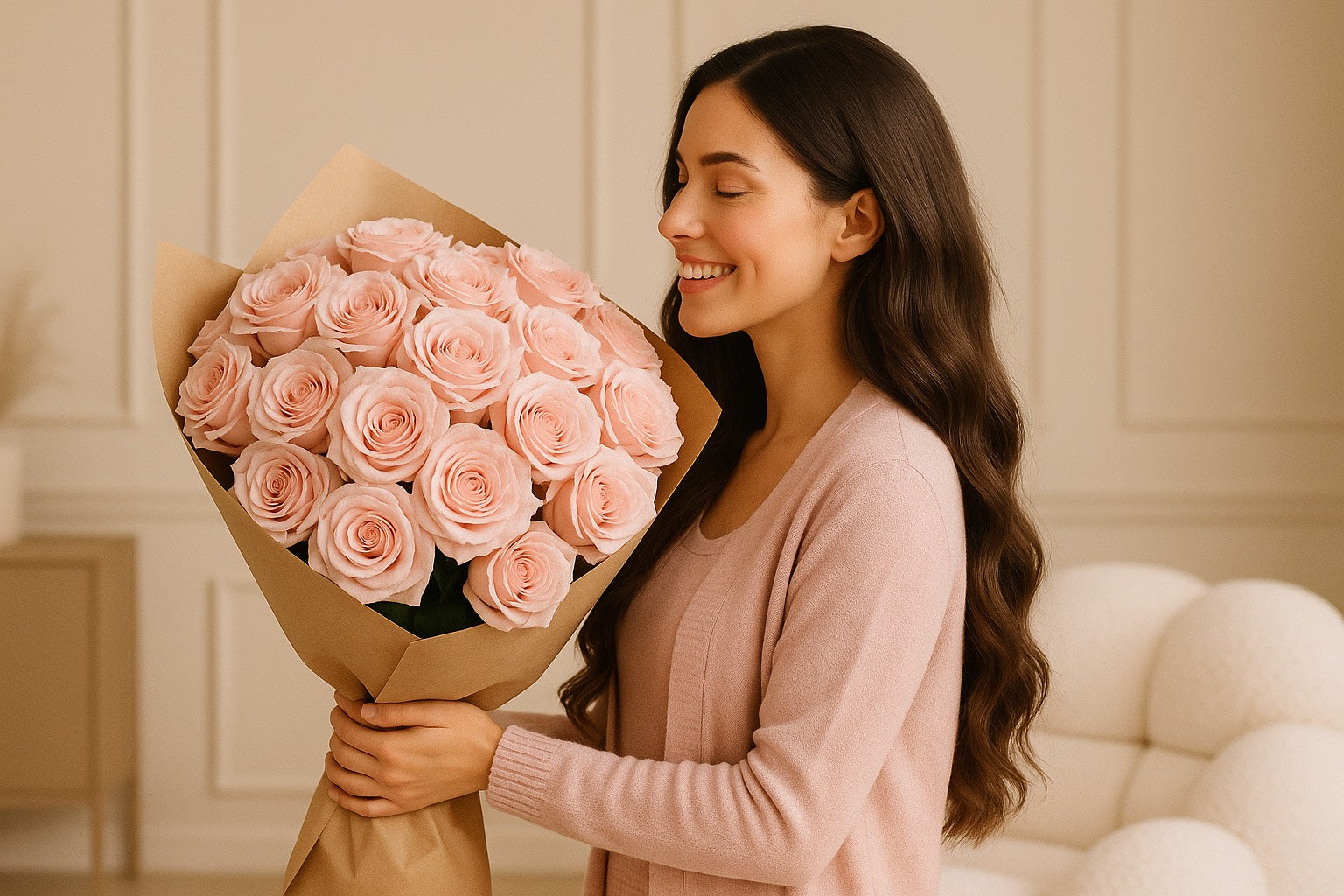 Femme souriante s’offrant un bouquet de fleurs, symbole d’amour de soi et de douceur au quotidien.