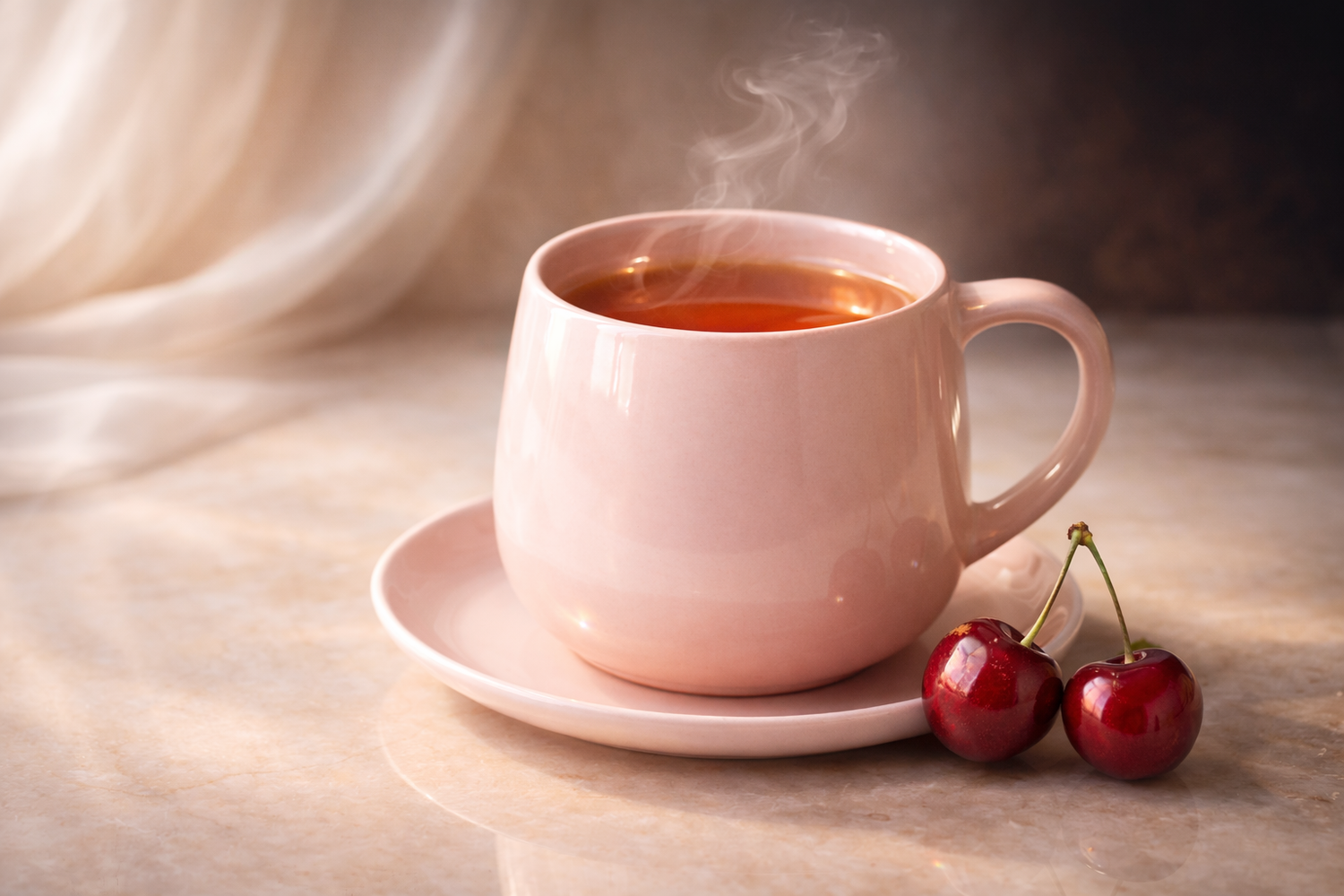 Infusion rooibos Red Velvet dans une tasse rose poudré avec vapeur, posée sur marbre beige et cerises fraîches, ambiance luxe féminin Hazellia.