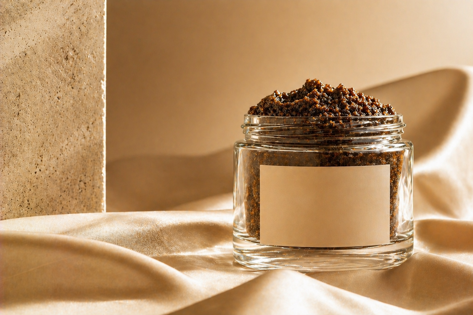 Masque café miel naturel dans un pot en verre transparent, texture exfoliante riche et brillante, posé sur satin beige doré, ambiance luxe style cosmétique haut de gamme