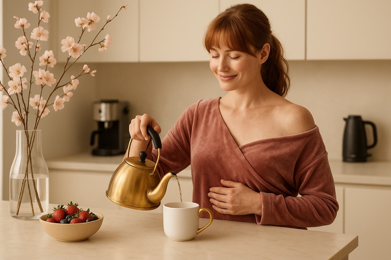 Femme en pré-ménopause préparant une infusion pour soutenir l’équilibre hormonal et digestif.