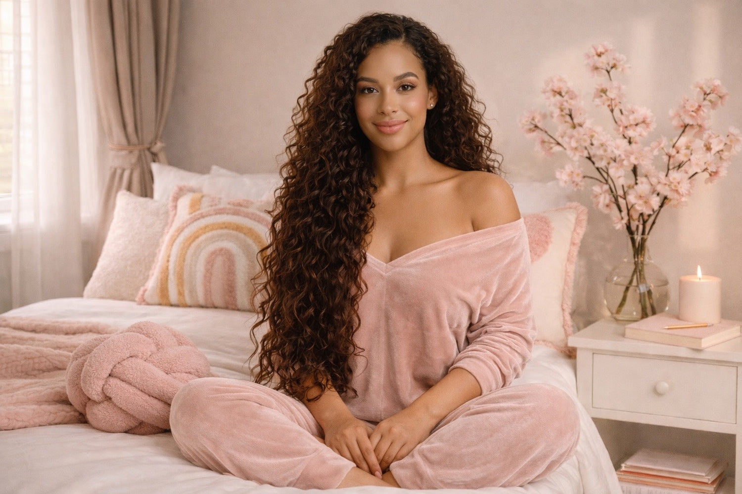 Femme assise sur un lit aux tons beige et rose poudré, décoration de chambre douce et cocooning favorisant un sommeil paisible, ambiance chaleureuse et apaisante.