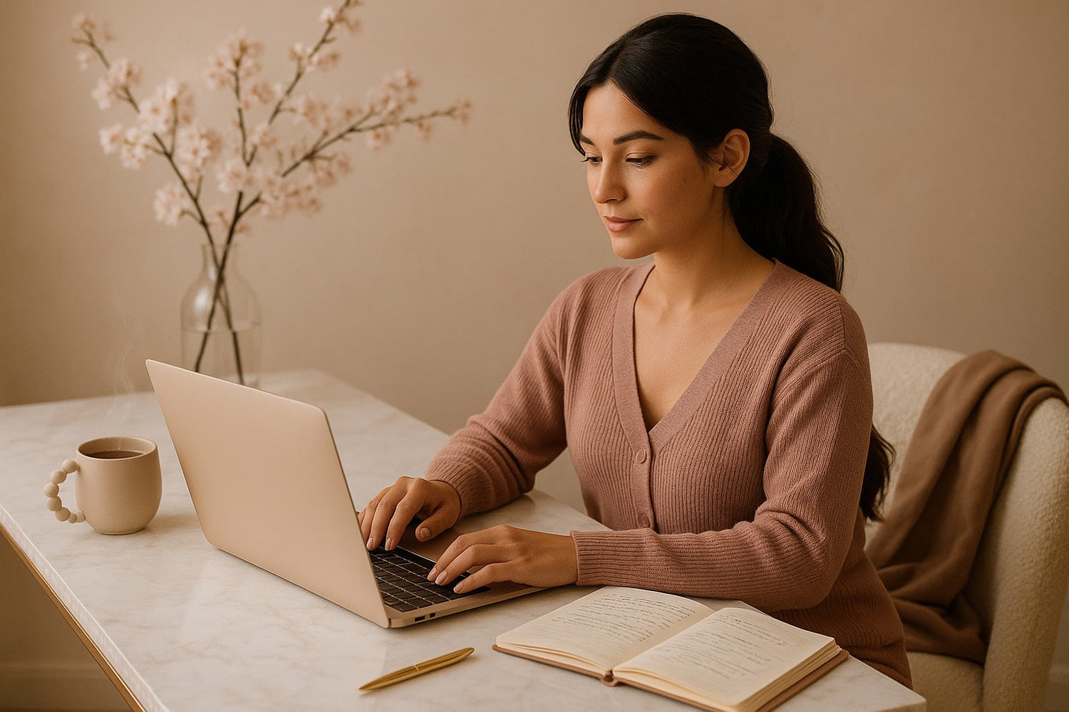 Femme travaillant sur son ordinateur avec un carnet ouvert et une tasse d’infusion sur un bureau lumineux ton beige.