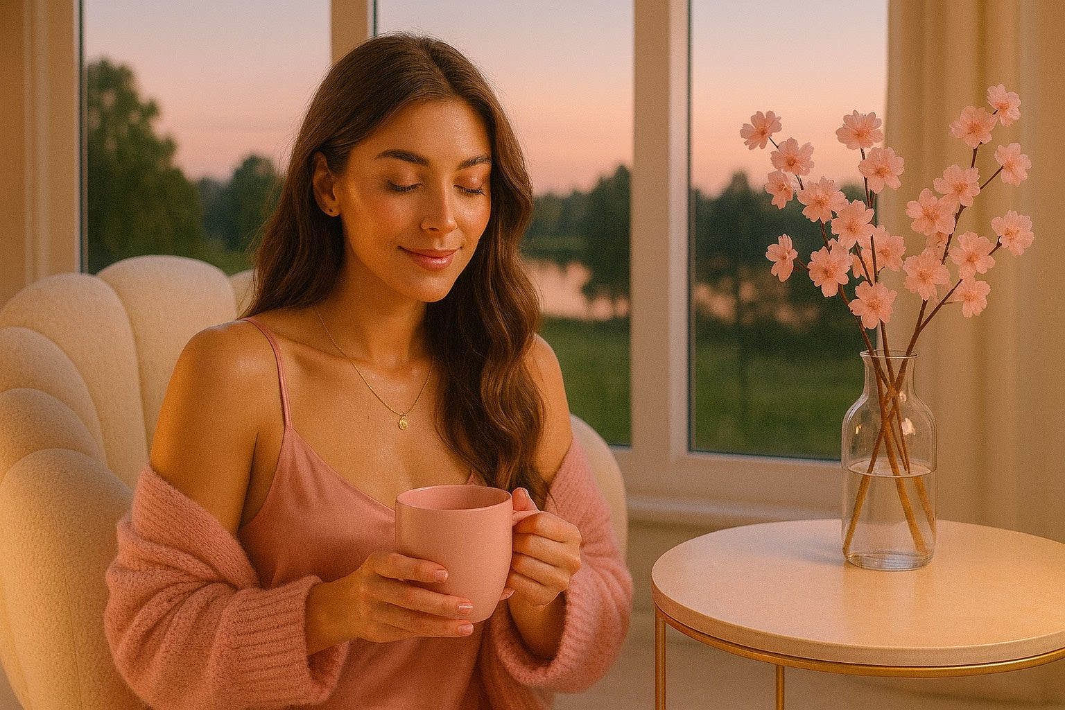 Rituel cocooning sans écrans Hazellia : femme en tenue douce savourant une boisson chaude dans une ambiance calme et apaisante.