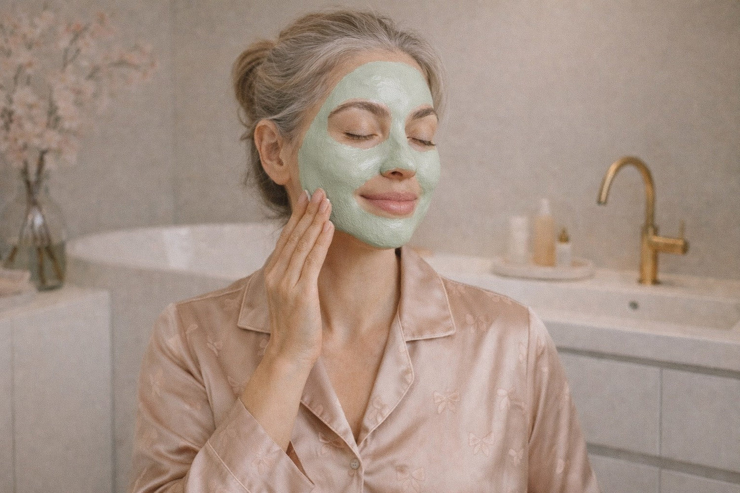 Femme d’âge mûr appliquant un masque naturel au moringa sur le visage, moment de soin anti-âge et éclat de la peau, ambiance bien-être douce et élégante.