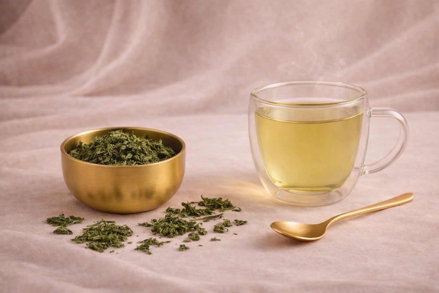 Rituel bien-être à base d’ortie : infusion dorée dans une tasse double paroi, ambiance douce et élégante.