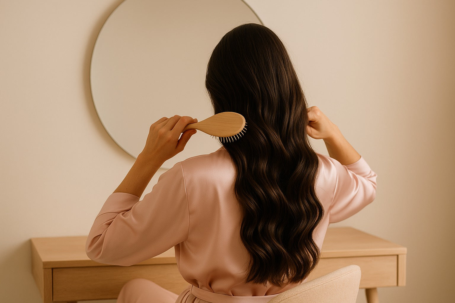 Femme brosse ses cheveux longs et brillants devant un miroir rond, dans une ambiance douce et minimaliste aux tons Hazellia — routine beauté selfcare.