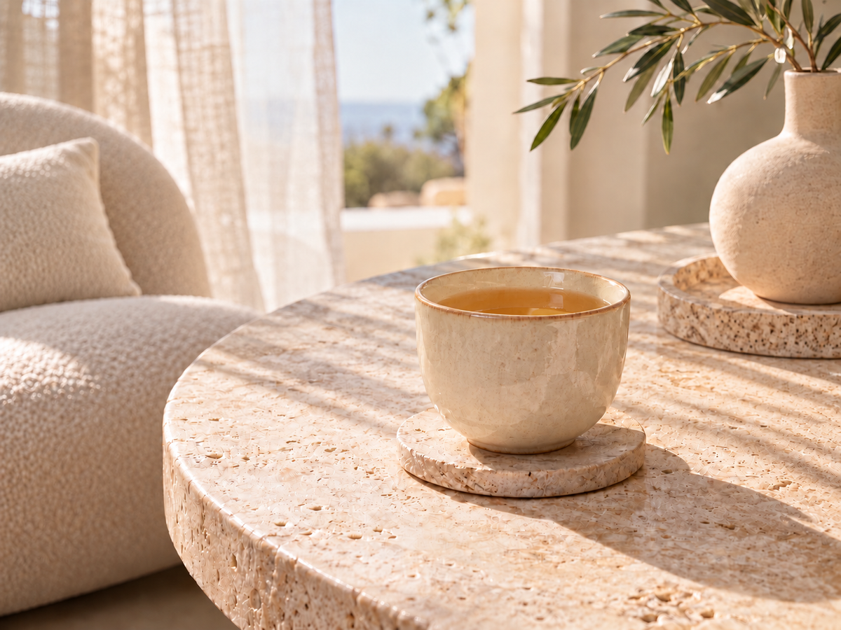 Tasse ivoire d’infusion ambrée sur une table en travertin dans un salon lumineux — rituel Lumière d’Ivoire, Ivory Prism de Hazellia.