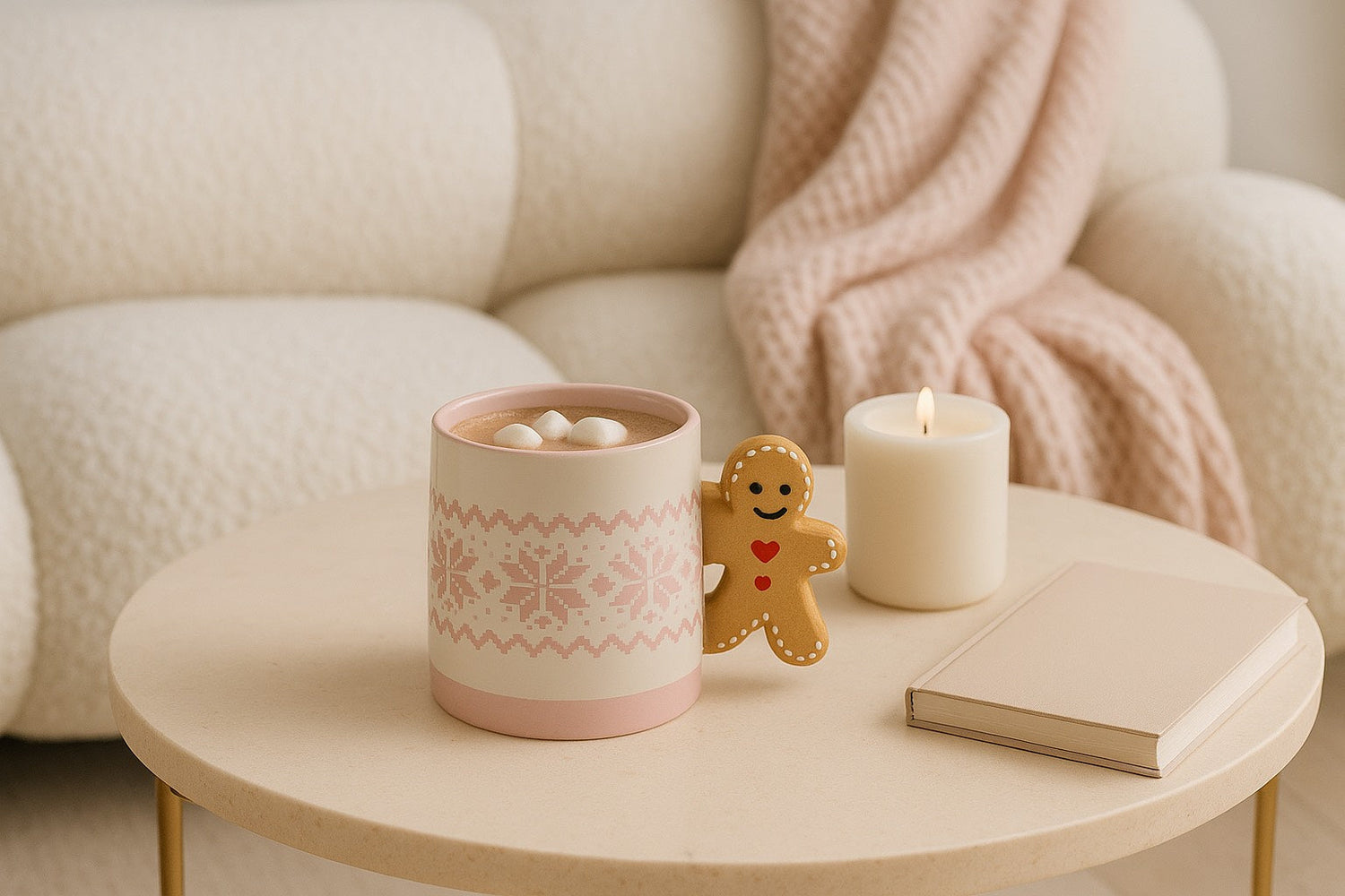 Mug rose avec chocolat chaud et chamallows sur une table beige, biscuit pain d’épices, bougie et décor cocooning Hazellia.