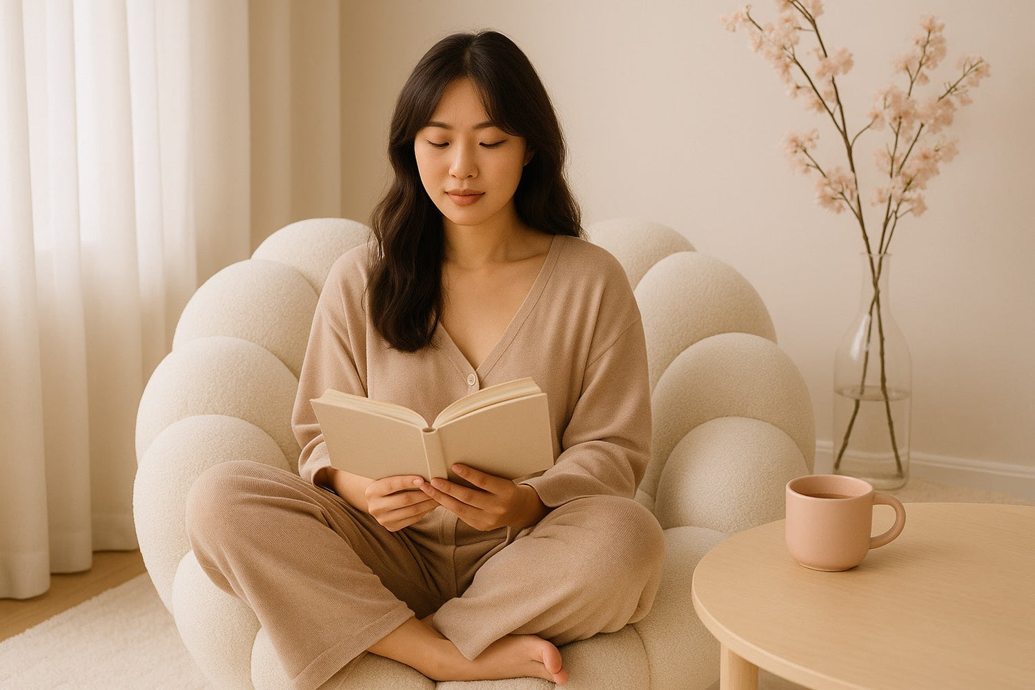 Femme assise dans un fauteuil beige, lisant calmement un livre avec une tasse posée à côté, ambiance douce et féminine Hazellia.