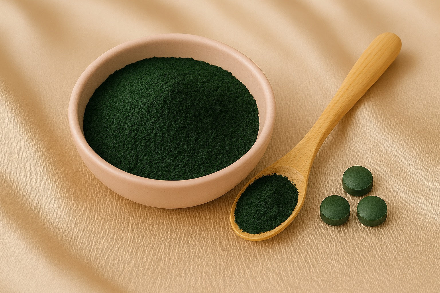 Bol de poudre de spiruline verte en céramique avec cuillère en bois et comprimés de spiruline, complément naturel riche en nutriments pour la santé et l’énergie.