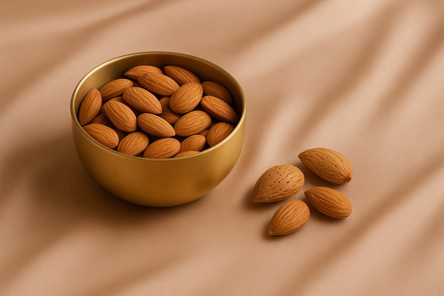 Amandes crues dans un bol doré sur tissu beige satin.