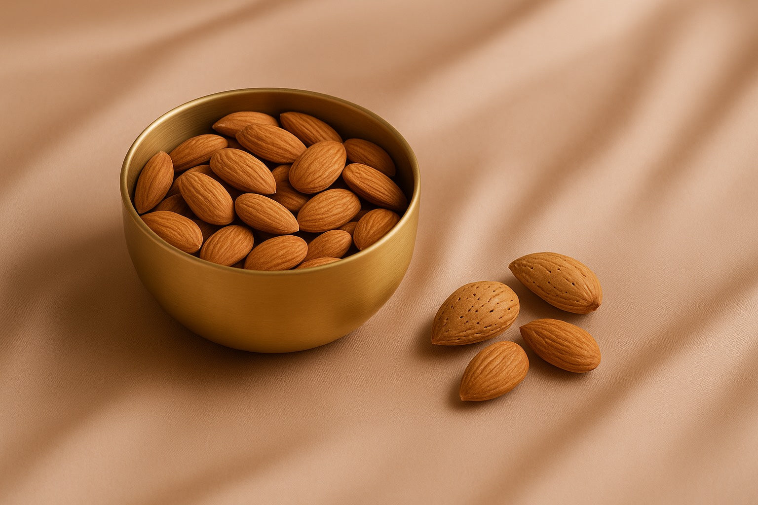 Amandes crues dans un bol doré sur tissu beige satin.
