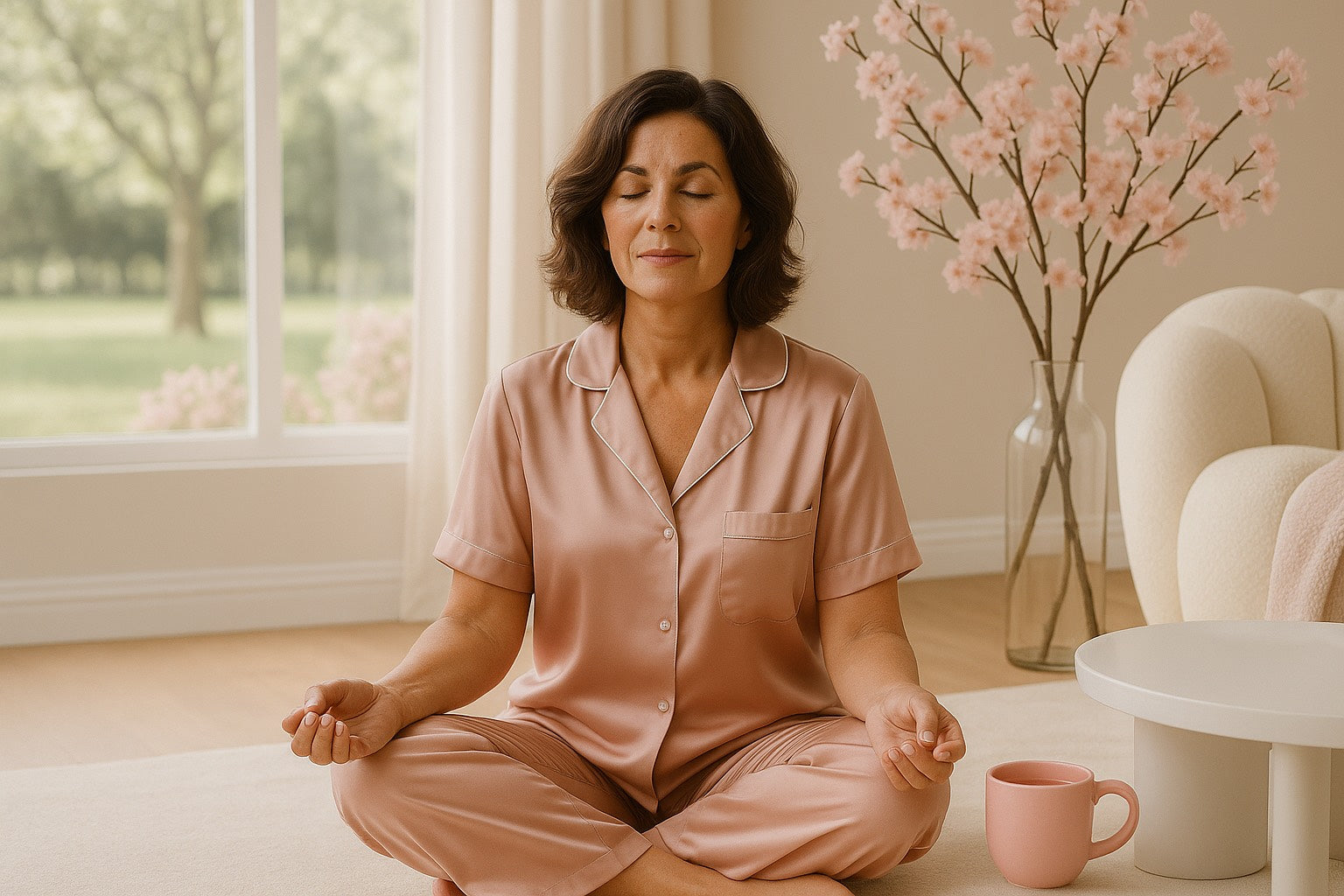 Femme en Saison Dorée assise en méditation dans un intérieur doux et lumineux, vêtue d’un pyjama rose poudré, rituel d’apaisement émotionnel et de calme intérieur.