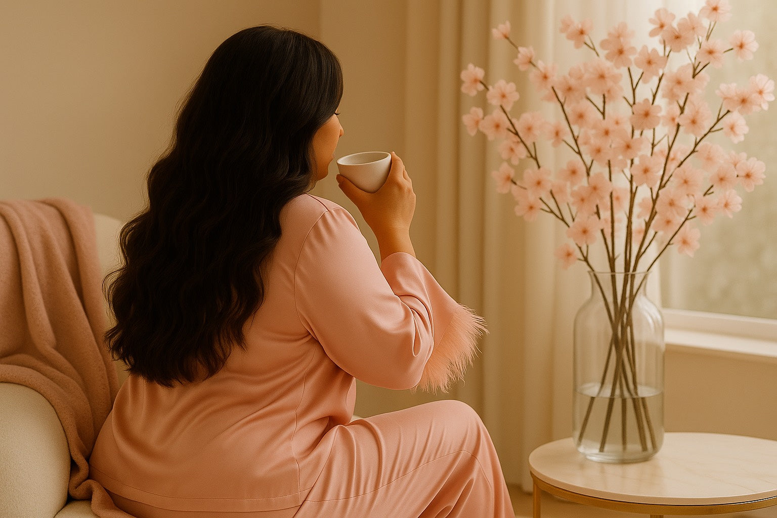  Femme assise dans un intérieur doux, portant une tenue rose poudré, savourant un moment de calme et de bienveillance envers son corps, ambiance chaleureuse et apaisante.