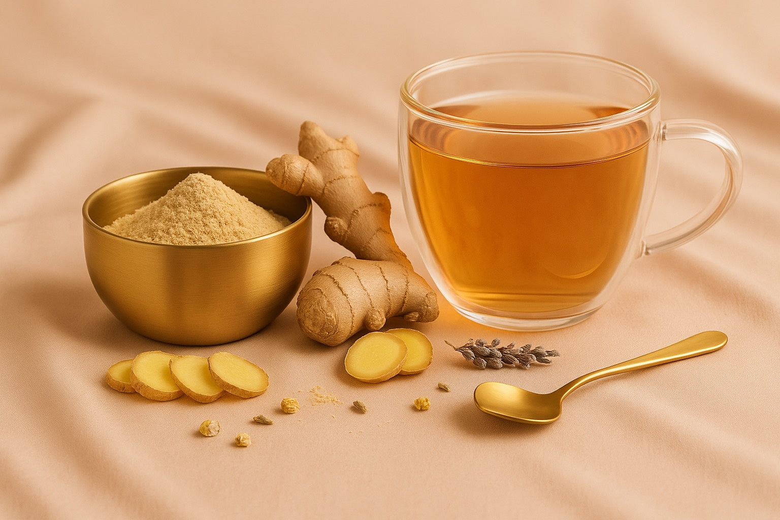 Infusion au gingembre chaude avec racines fraîches, poudre de gingembre, cuillère dorée, boisson naturelle bien-être pour digestion, énergie et chaleur du corps.