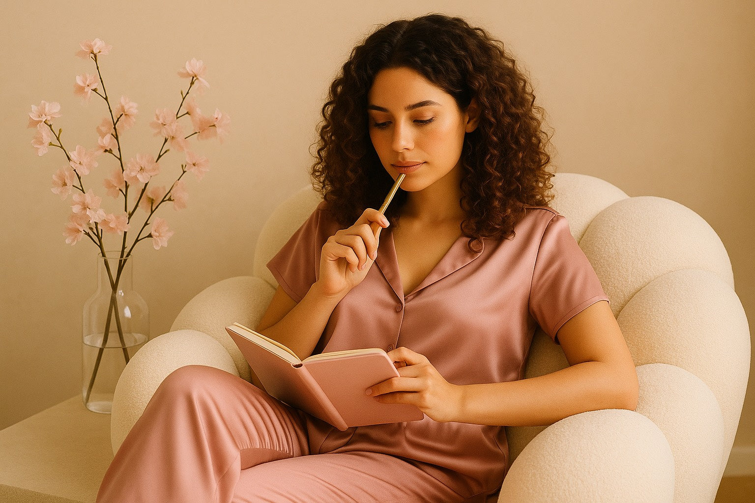 Femme assise sur un fauteuil bubble blanc écrivant dans un carnet rose, en tenue satin rose, dans une ambiance douce beige et fleurs de cerisier. Moment calme, réflexion, bien-être féminin et journaling.