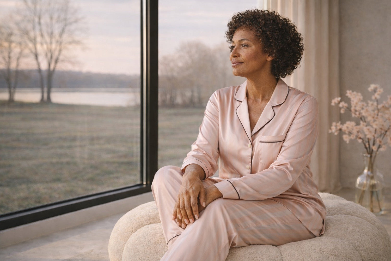 Femme mature élégante assise sur un pouf beige, incarnant la force intérieure