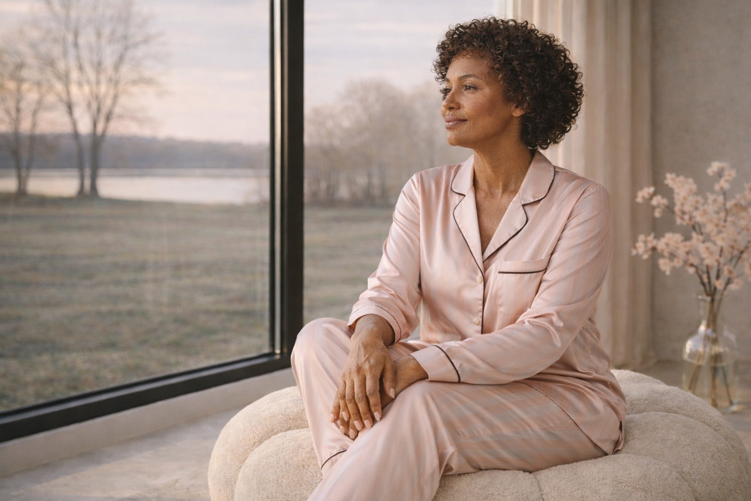 Femme mature élégante assise sur un pouf beige, incarnant la force intérieure