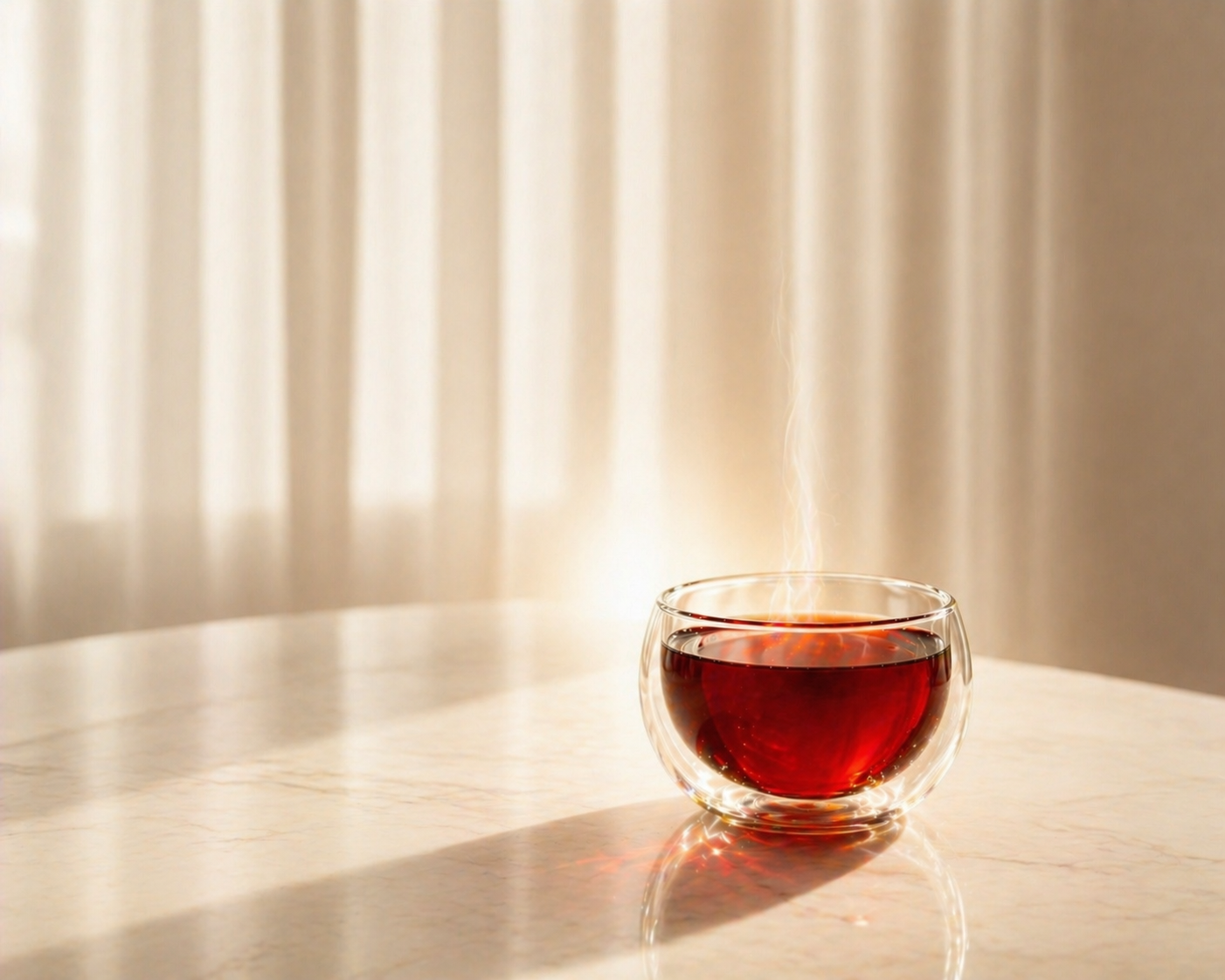 Tasse en verre double paroi avec infusion d’hibiscus rouge profond, posée sur marbre clair, lumière naturelle douce et ambiance rituel bien-être féminin Hazellia
