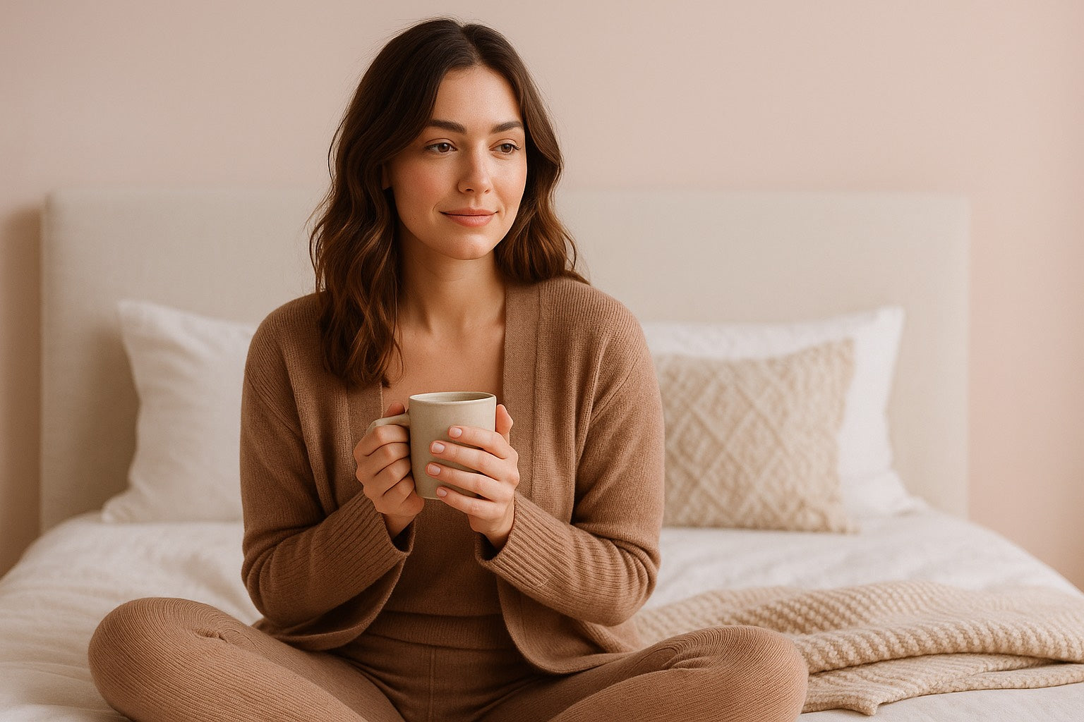 Femme assise sur un lit dans un intérieur beige-rose doux, portant un ensemble en maille marron clair et tenant une tasse de thé. Ambiance cocooning, bien-être féminin et slow living.