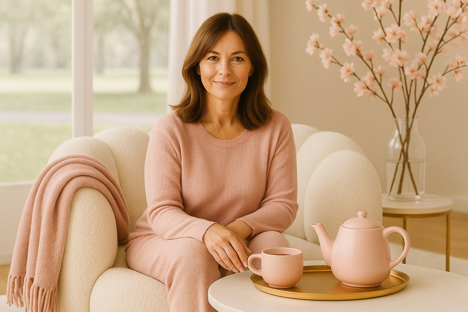 Femme mature en tenue homewear rose poudré assise dans un fauteuil cocooning, partageant un moment infusion dans une ambiance douce et lumineuse, esprit Saison Dorée.