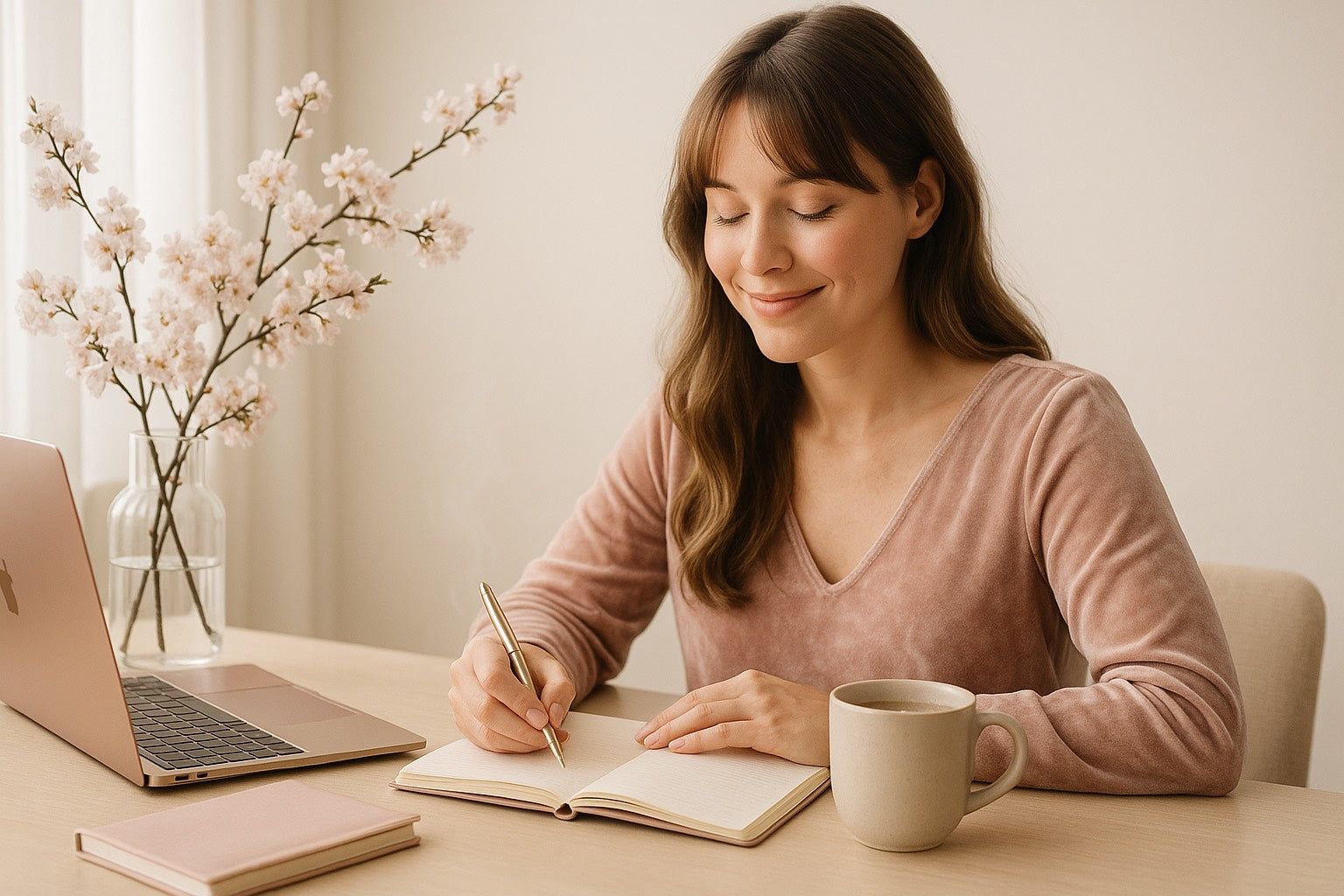 Femme assise à un bureau, écrivant dans un journal avec une expression sereine, symbolisant l’autorisation d’être soi-même. Décor doux avec fleurs de cerisier, ordinateur rose et tasse chaude. Ambiance bien-être, féminine et apaisante.