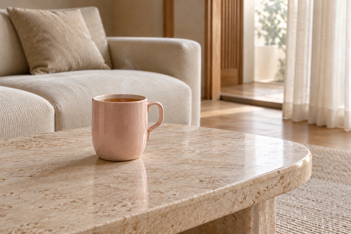 Mug rose poudré contenant l’infusion Blossom Ode sur une table en pierre beige, dans un salon ivoire lumineux — rituel Aura Rose de Hazellia.