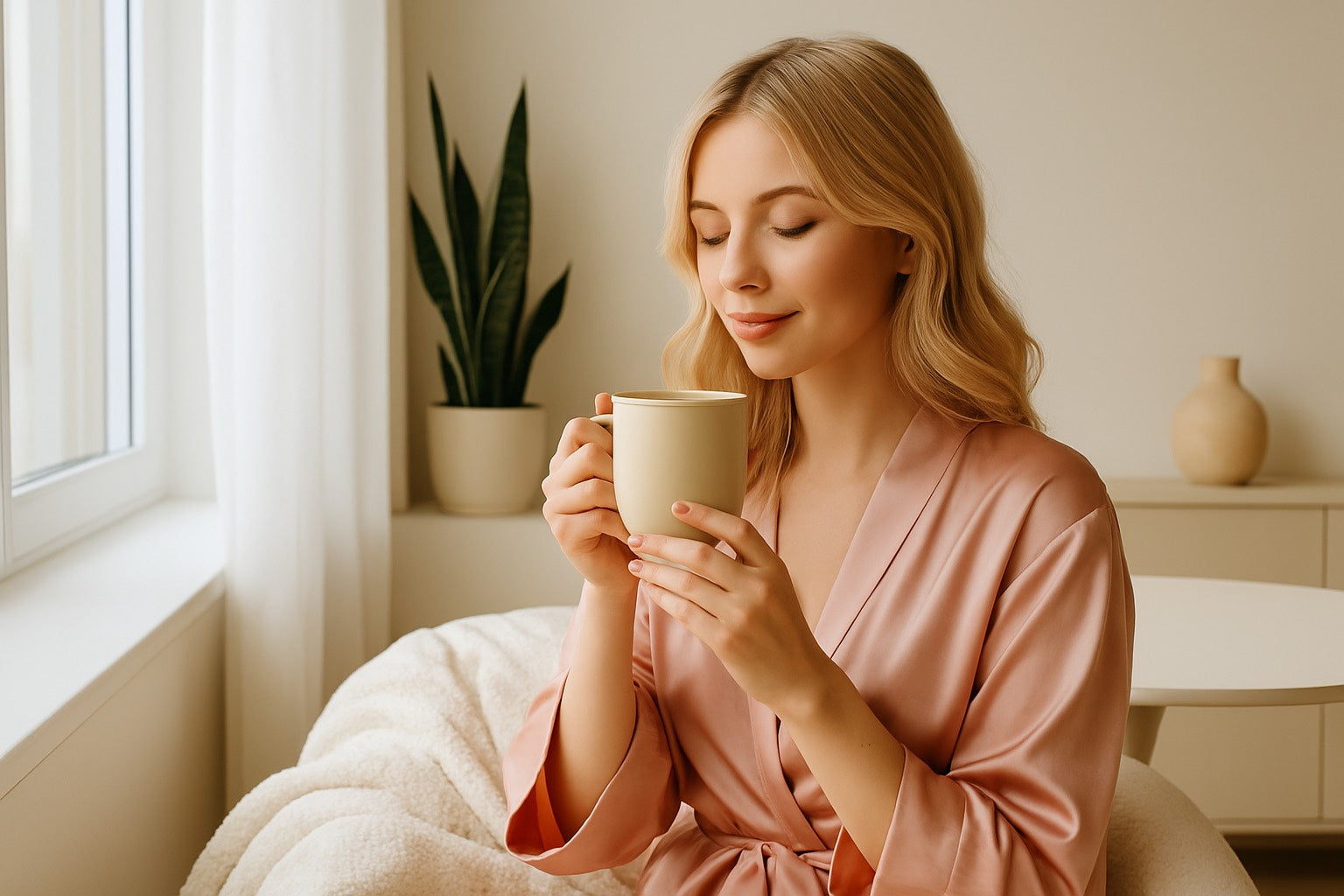 Femme en peignoir rose tenant une tasse d’infusion près d’une fenêtre, moment de détente et rituel beauté naturel dans une ambiance douce et lumineuse.