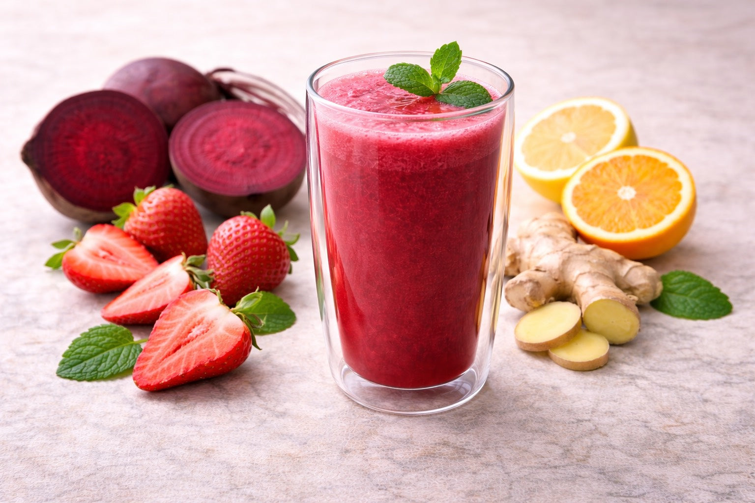 Jus collagène rose glow dans un verre double paroi avec betterave, fraises et citron, ambiance lumineuse et premium.