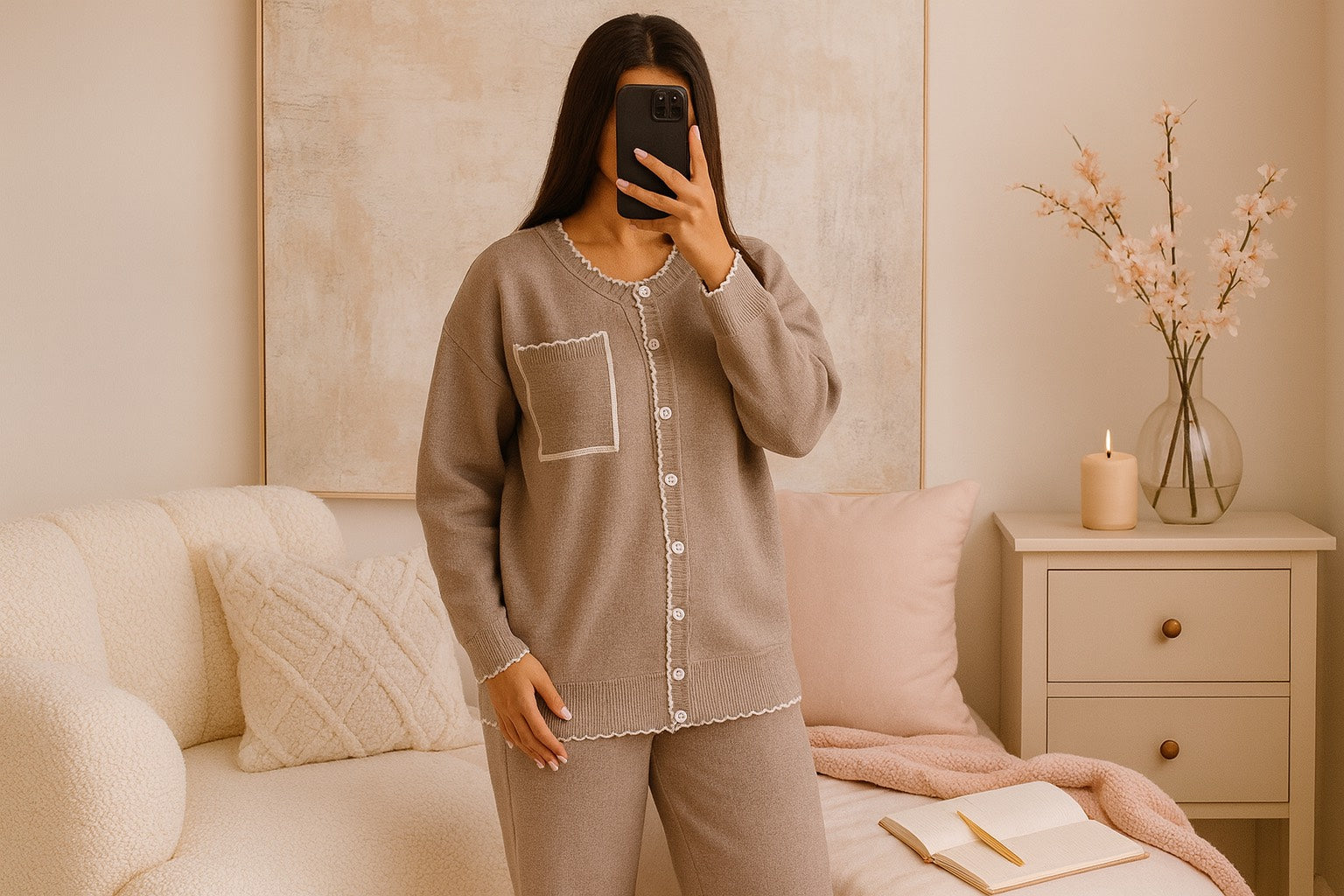 Femme portant un ensemble maille beige dans une ambiance cosy douce avec bougie, fleurs et décor minimaliste, style homewear élégant.