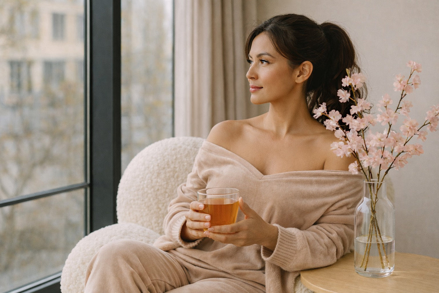 Femme assise près d’une fenêtre, tenant une tasse d’infusion dans une ambiance douce et apaisante Hazellia.