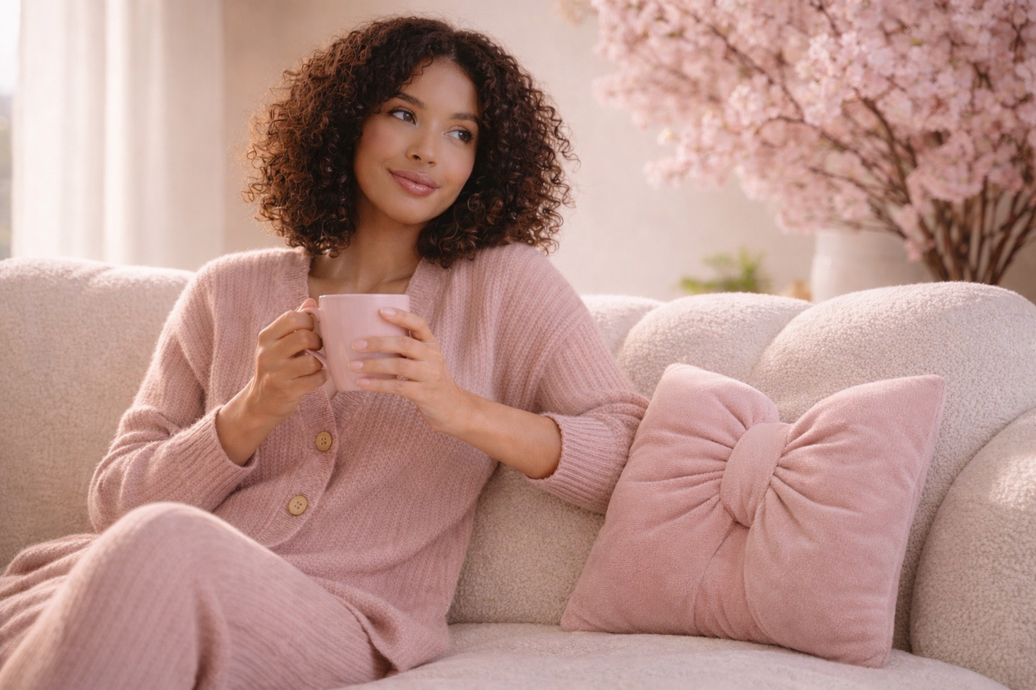 Femme assise sur un canapé rose poudré tenant une tasse chaude, ambiance matin doux et rituel féminin Hazellia.