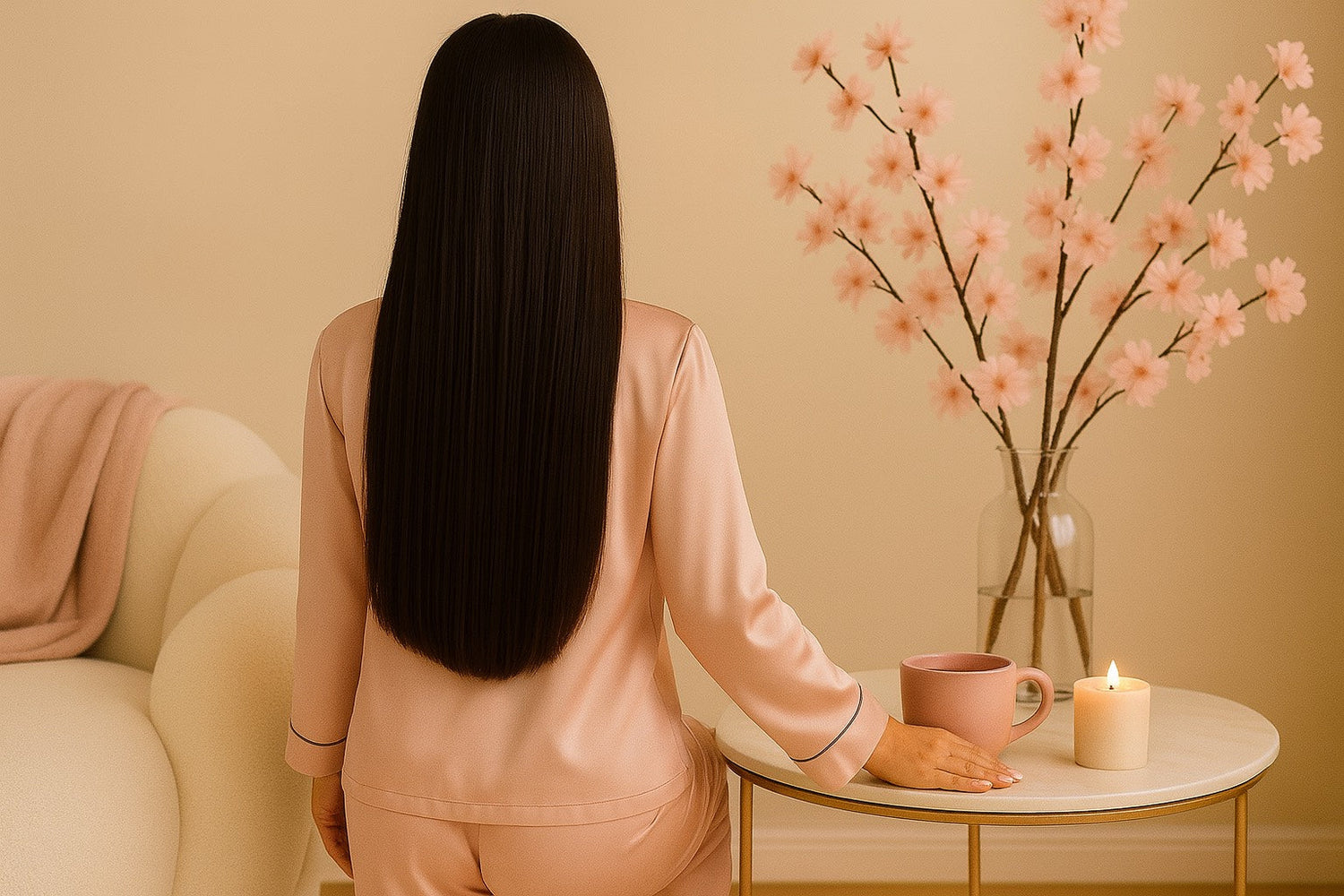 Femme de dos en ensemble satiné rose, ambiance cocooning Hazellia avec fleurs de cerisier et mug rose sur table dorée.