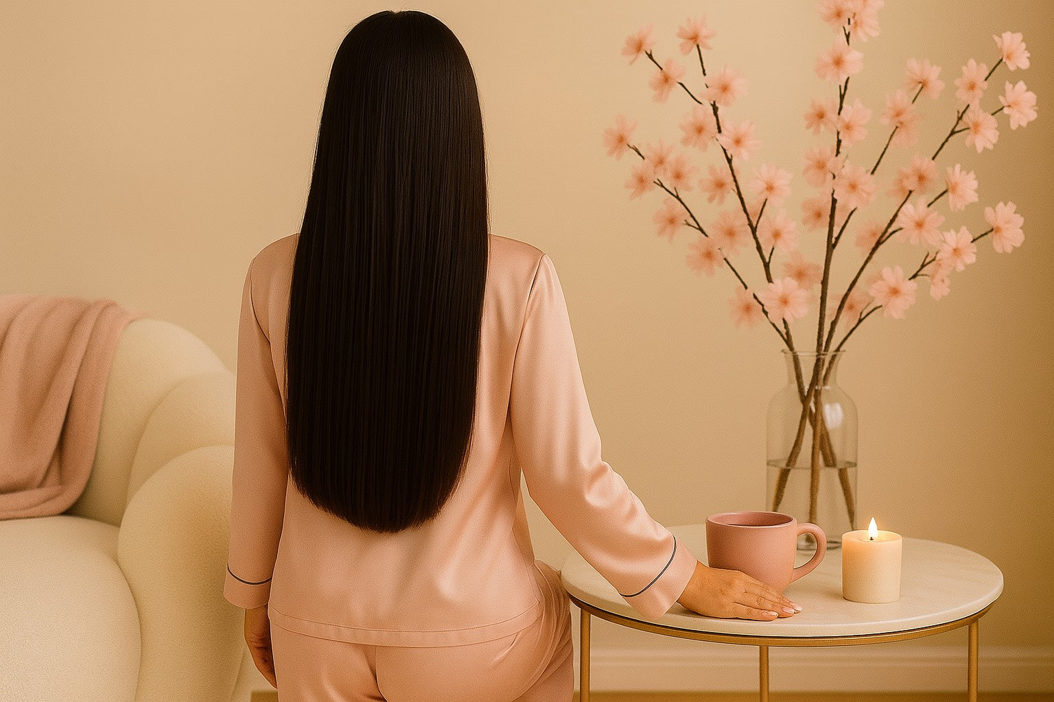 Femme de dos en ensemble satiné rose, ambiance cocooning Hazellia avec fleurs de cerisier et mug rose sur table dorée.