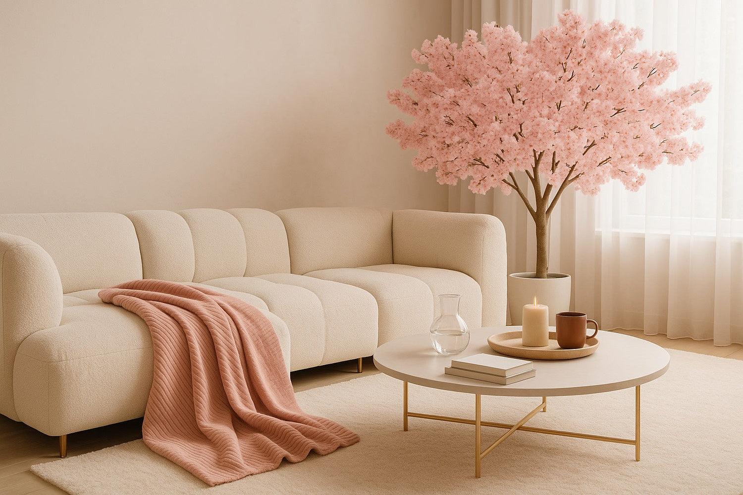 Salon cocooning beige avec un plaid rose, un mug chaud, une bougie, un canapé moelleux et un arbre fleuri rose. Ambiance cosy, slow living et décoration douce.