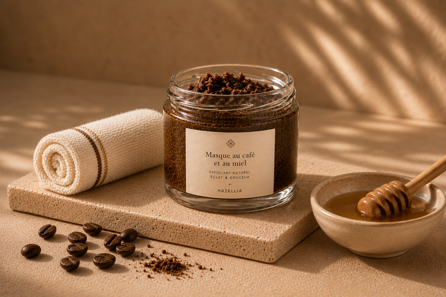 Masque café miel pour le visage – soin naturel exfoliant Hazellia avec café moulu, miel et ambiance spa premium pour une peau lumineuse.