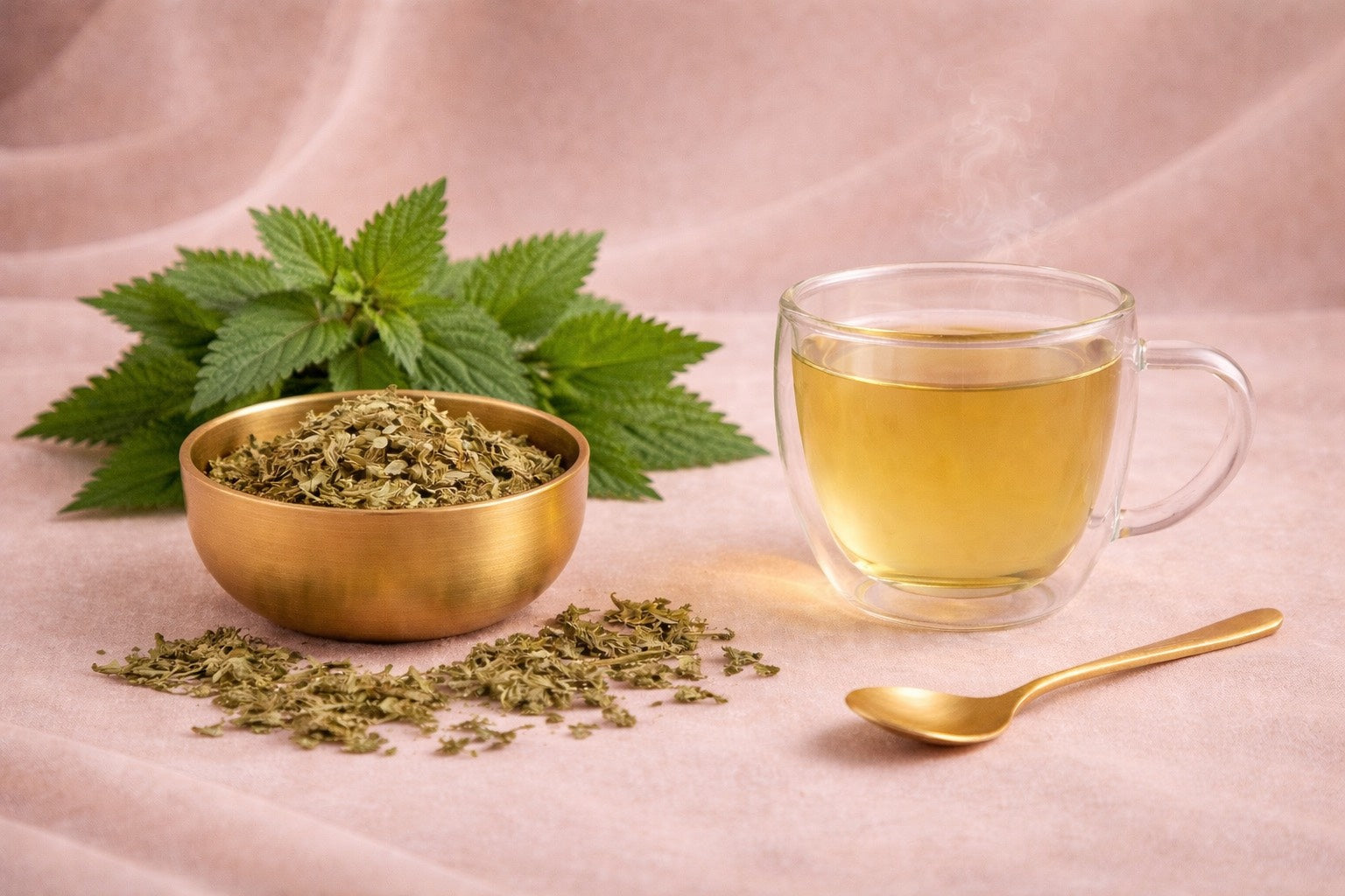 Infusion d’ortie piquante dans une tasse en verre, feuilles d’ortie séchées dans un bol doré, ambiance douce et naturelle aux tons rose poudré et or.