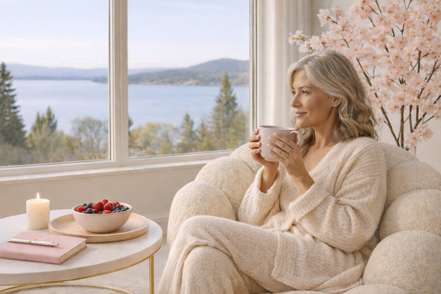 Femme sereine en tenue douce, assise près d’une fenêtre, savourant une boisson chaude lors d’un rituel cocooning Hazellia.
